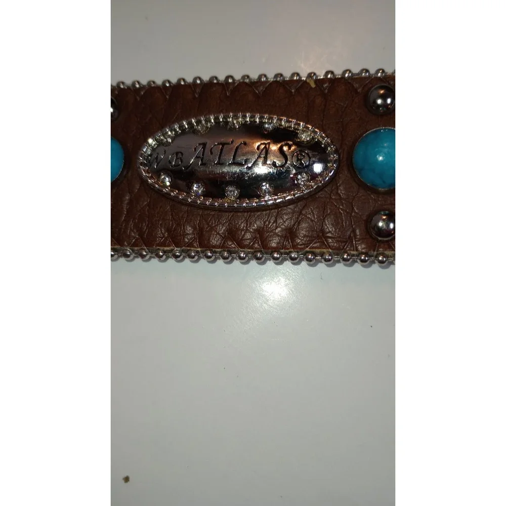 WB Atlas Brown Leather Blue Crystal Jeweled Western Belt Silver Buckle XL 48